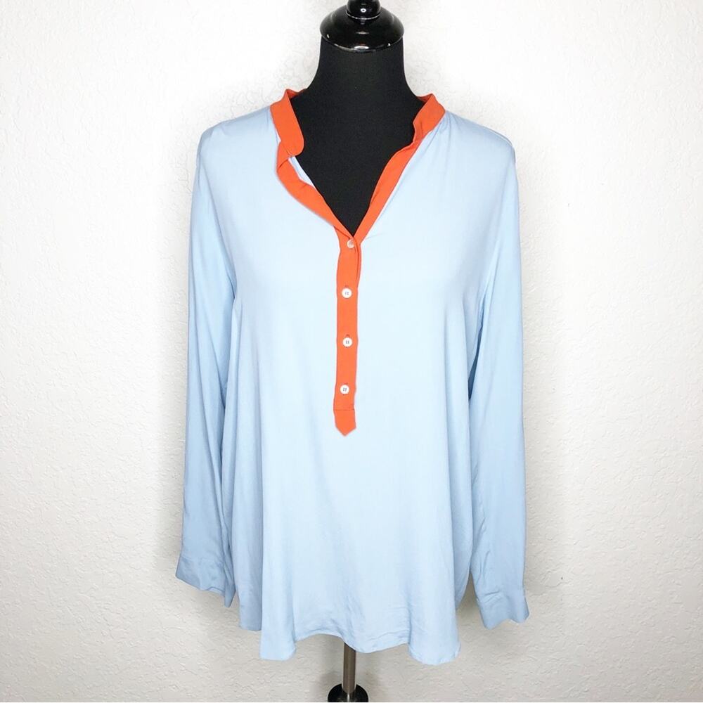 Marella light blue orange trim button front popover silk blend top size 12